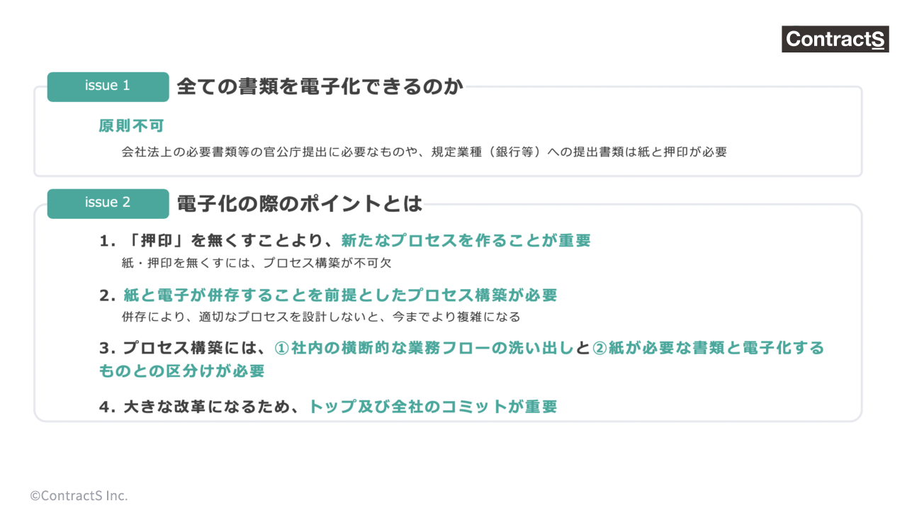 全ての書類は、電子化できない。電子化のポイントは、押印をなくすことより新たなプロセスを作ることが重要。紙と電子が共存できるプロセス構築が必要。プロセス構築には①社内の横断的な業務フローの洗い出しと②紙が必要な書類と電子化するものとの区分けが必要。大きな改革になるため経営者、会社全体での協力が重要。